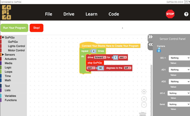 GoPiGo OS includes Bloxter a drag-and-drop programming language.